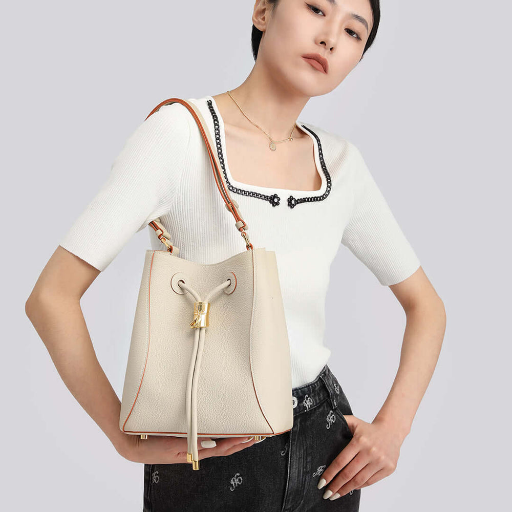 Slender Waist Shoulder Bucket Bag #color_cream-white